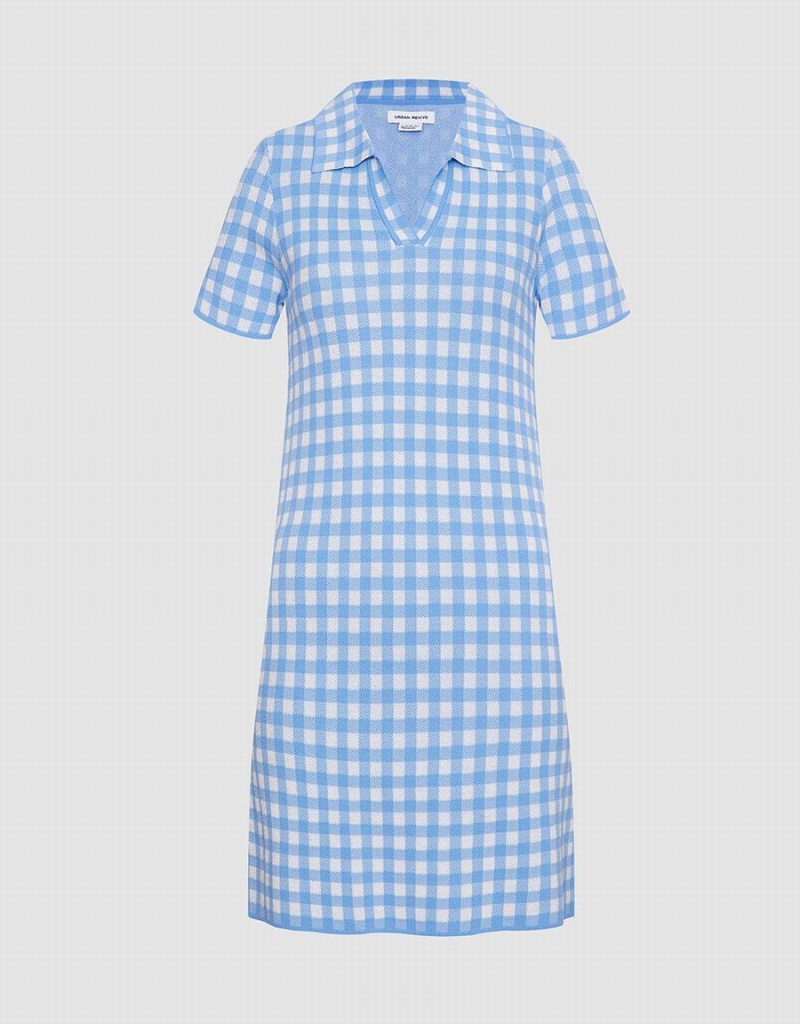 Blue Women\'s Urban Revivo Checkered Knitted Mini Checkered Dress | XTN8829RB