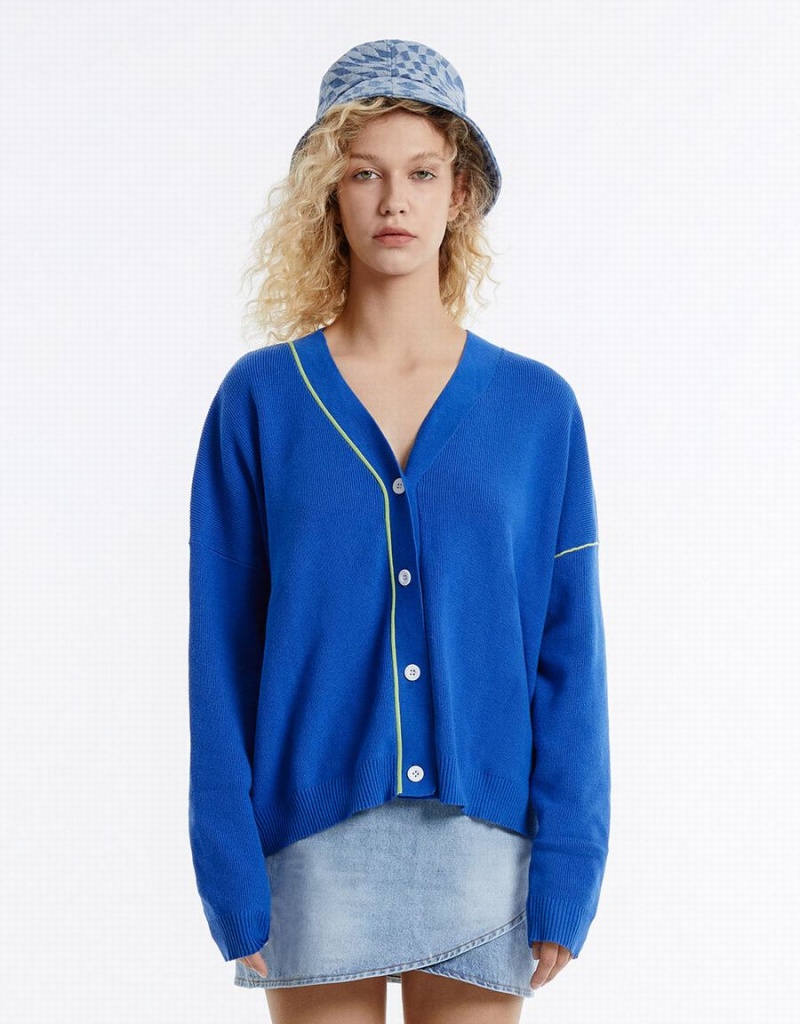 Blue Women's Urban Revivo Contrast Stitch Cardigan | LLG8378HP