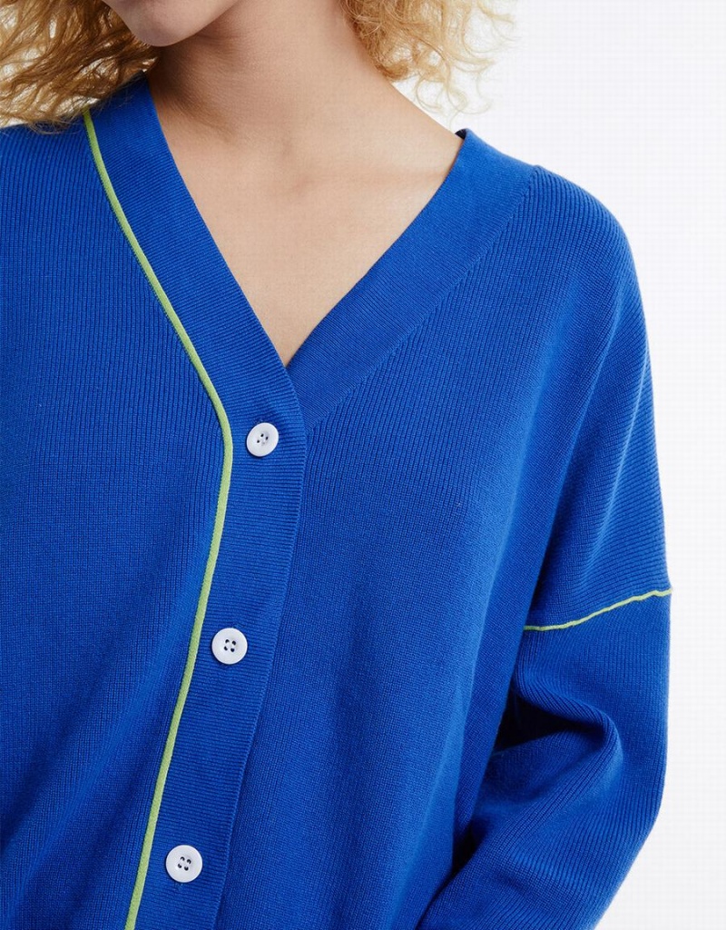 Blue Women's Urban Revivo Contrast Stitch Cardigan | LLG8378HP