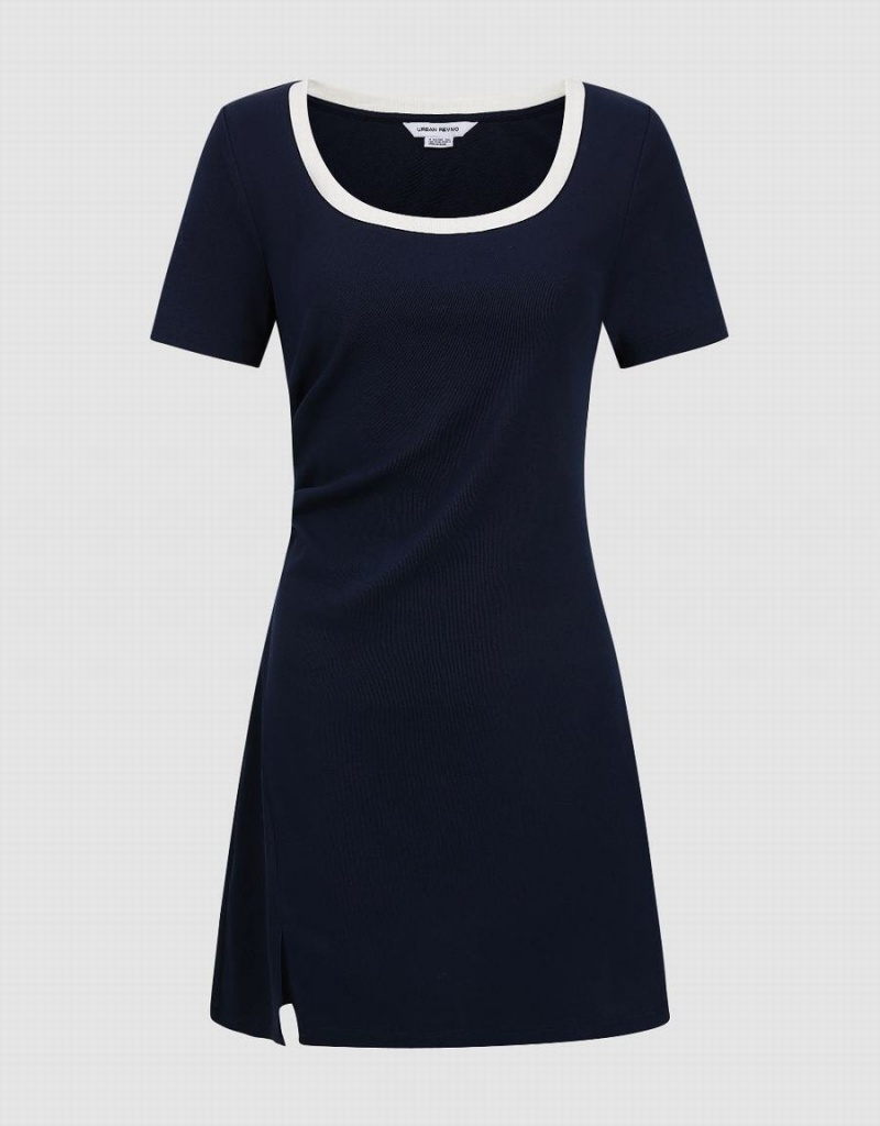 Blue Women's Urban Revivo Crew Neck Skater Dress | VNK5638CQ