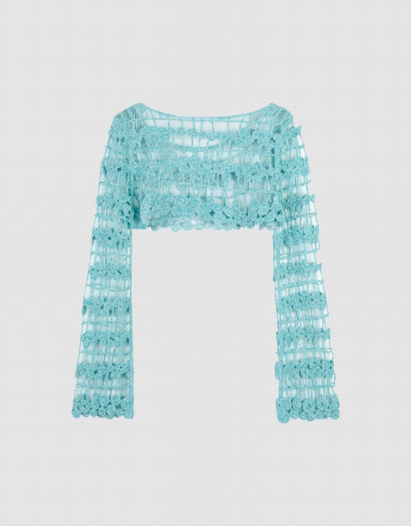 Blue Women's Urban Revivo Crochet Knitted Cardigan | GBD2218NP