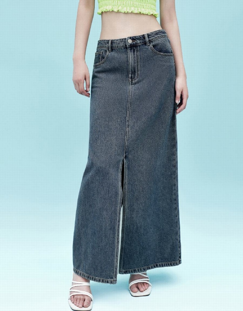 Blue Women's Urban Revivo Denim A-Line Skirts | GFT3715ZQ