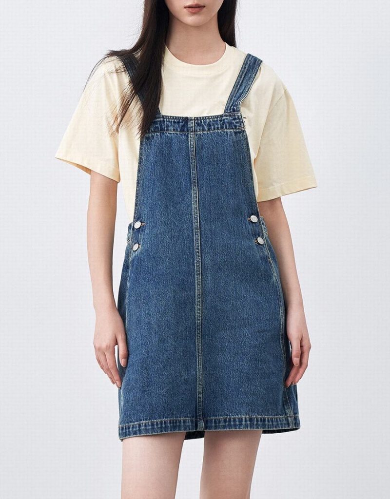 Blue Women's Urban Revivo Denim Pinafore Dress | DVD5549RS