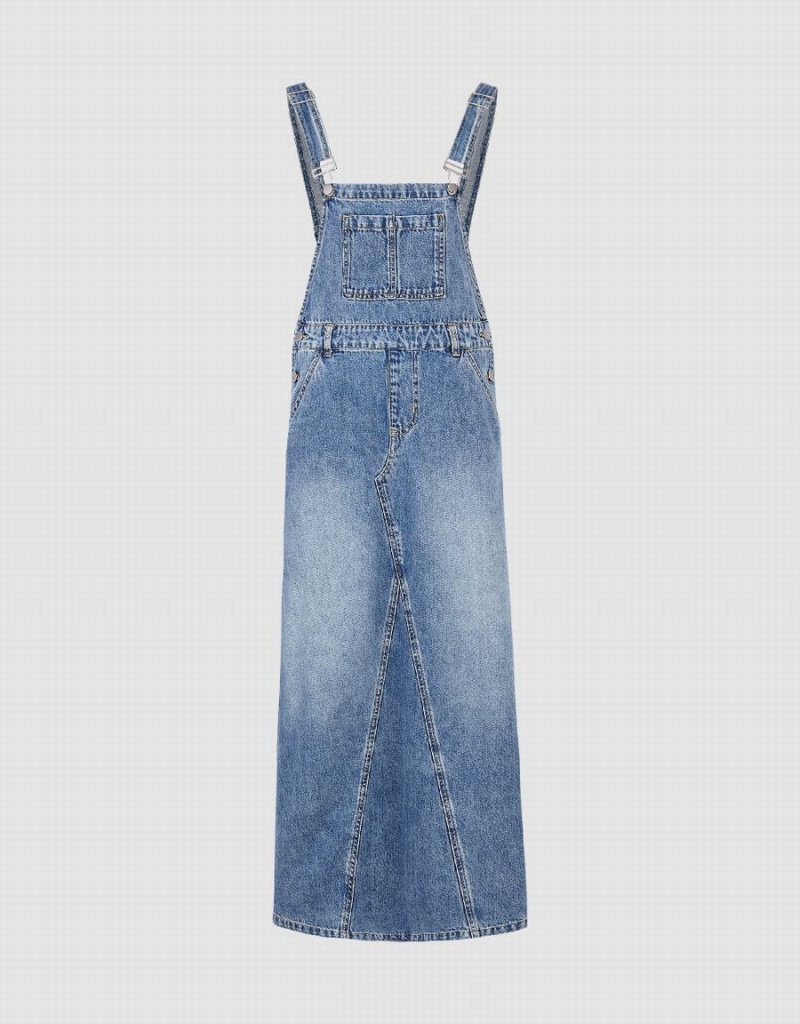 Blue Women's Urban Revivo Denim Pinafore Dress | TXW1198YQ