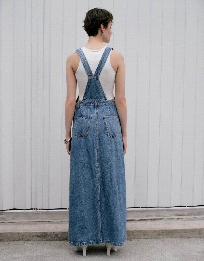 Blue Women's Urban Revivo Denim Pinafore Dress | TXW1198YQ