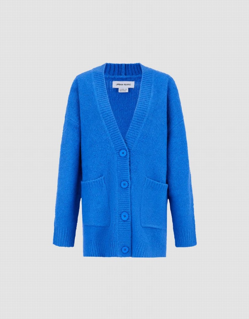 Blue Women's Urban Revivo Drop Shoulder Sleeve V-Neck Knitted Cardigan | OFQ1830IF