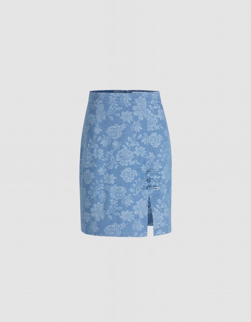 Blue Women\'s Urban Revivo Floral Jacquard Frog Button Denim Skirts | CNA8422EV