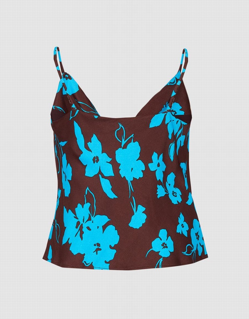 Blue Women's Urban Revivo Floral Print Cowl Neck Cami Tank Top | IRV4643HQ