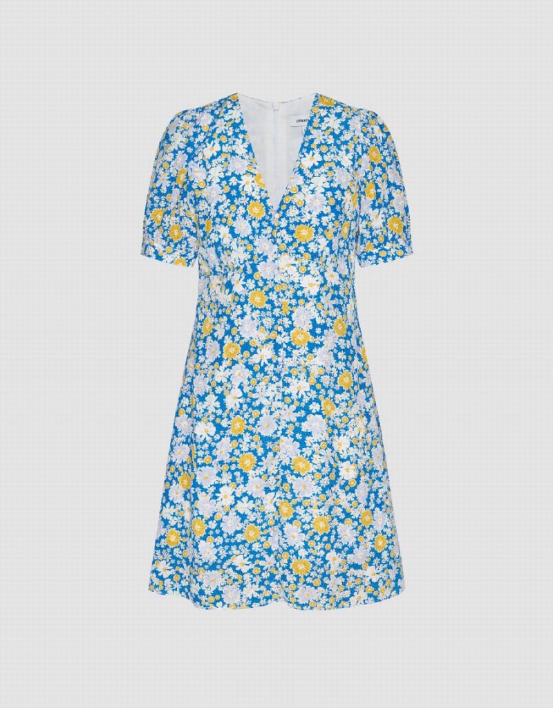 Blue Women's Urban Revivo Floral Printed V-Neck A-Line Dress | FWB1726ED