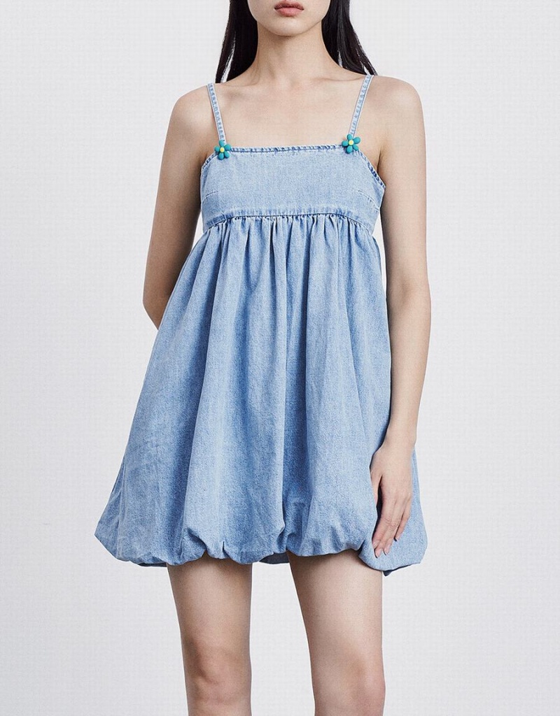 Blue Women's Urban Revivo Flower Detail Strappy Denim Dress | WTD5596LY