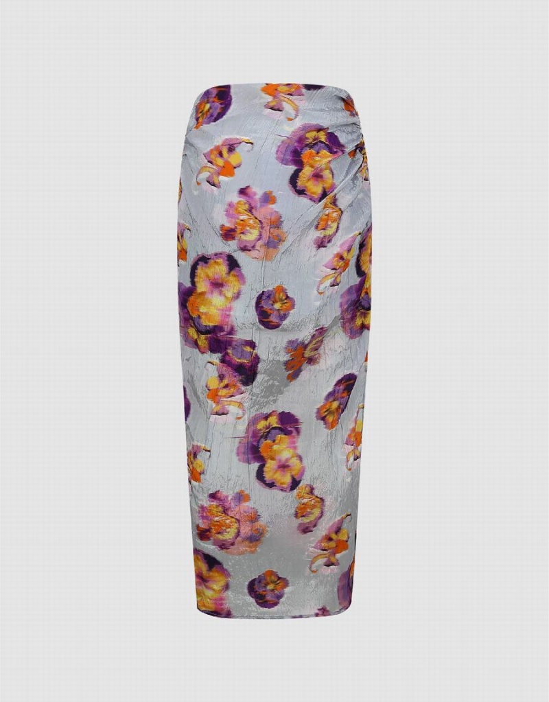 Blue Women's Urban Revivo Flower Printed Straight Skirts | PUV7976NB