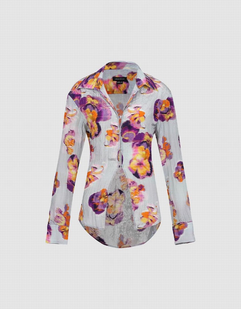 Blue Women's Urban Revivo Flower Printed Shirts | CUG4488GH