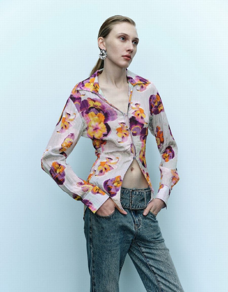 Blue Women's Urban Revivo Flower Printed Shirts | CUG4488GH