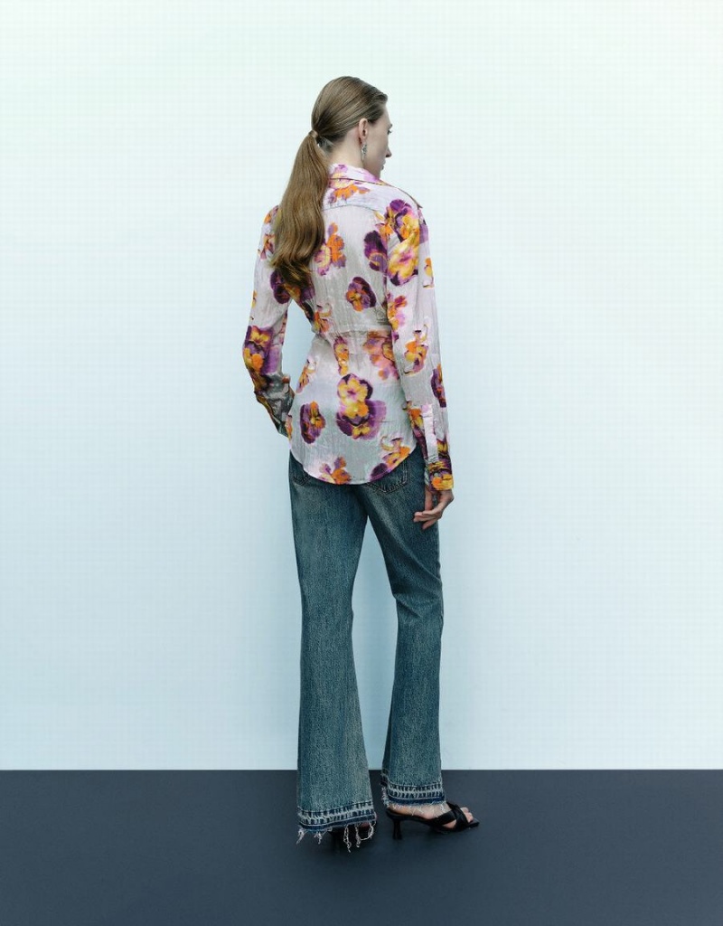 Blue Women's Urban Revivo Flower Printed Shirts | CUG4488GH