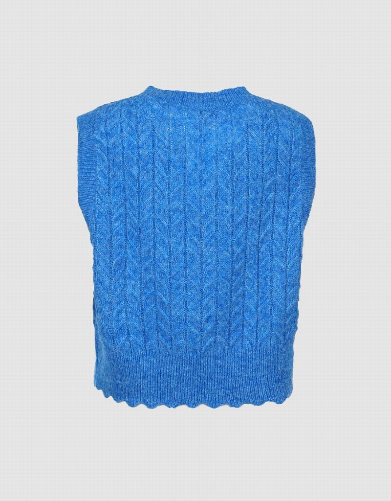 Blue Women's Urban Revivo Fuzzy Cable Knit Tank Top | HLY656EL