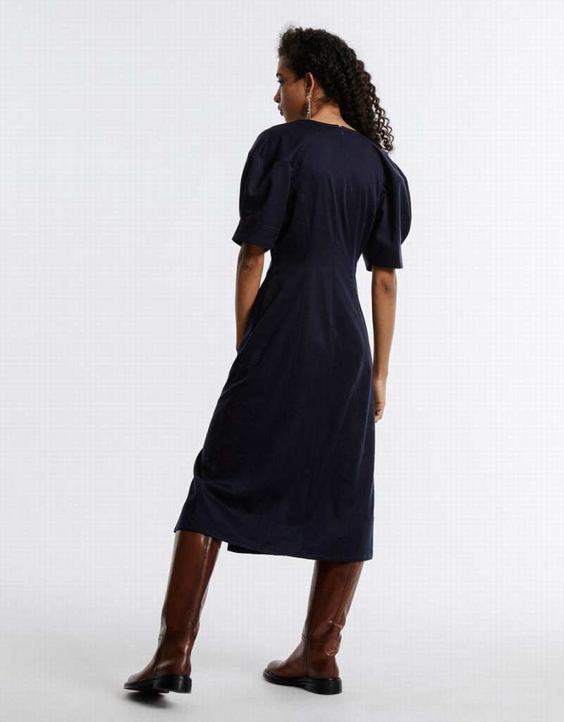 Blue Women's Urban Revivo Gathered Waist Puff Sleeve Dress | DMC5741DY