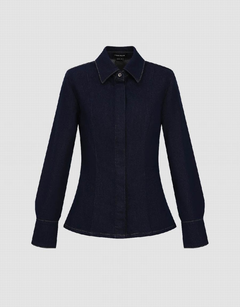 Blue Women's Urban Revivo Lapel Denim Shirts | BOR5779PW