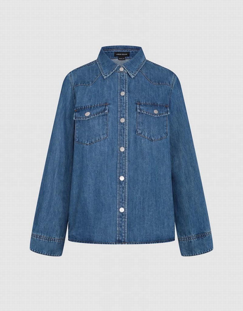 Blue Women's Urban Revivo Loose Denim With Pressed Buttons Shirts | FIB2560KP