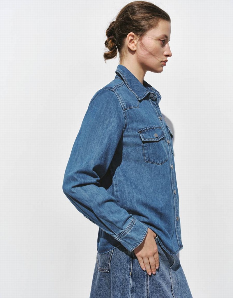 Blue Women's Urban Revivo Loose Denim With Pressed Buttons Shirts | FIB2560KP