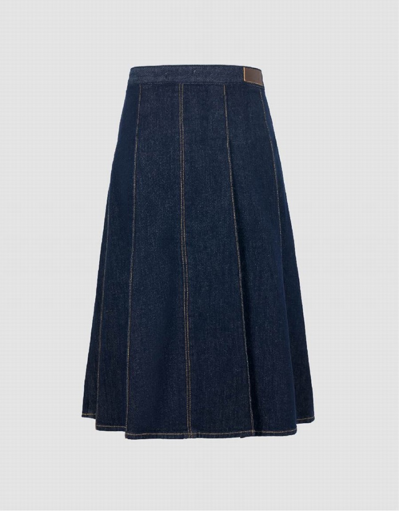 Blue Women's Urban Revivo Midi A-Line Denim Skirts | IXH8123QI