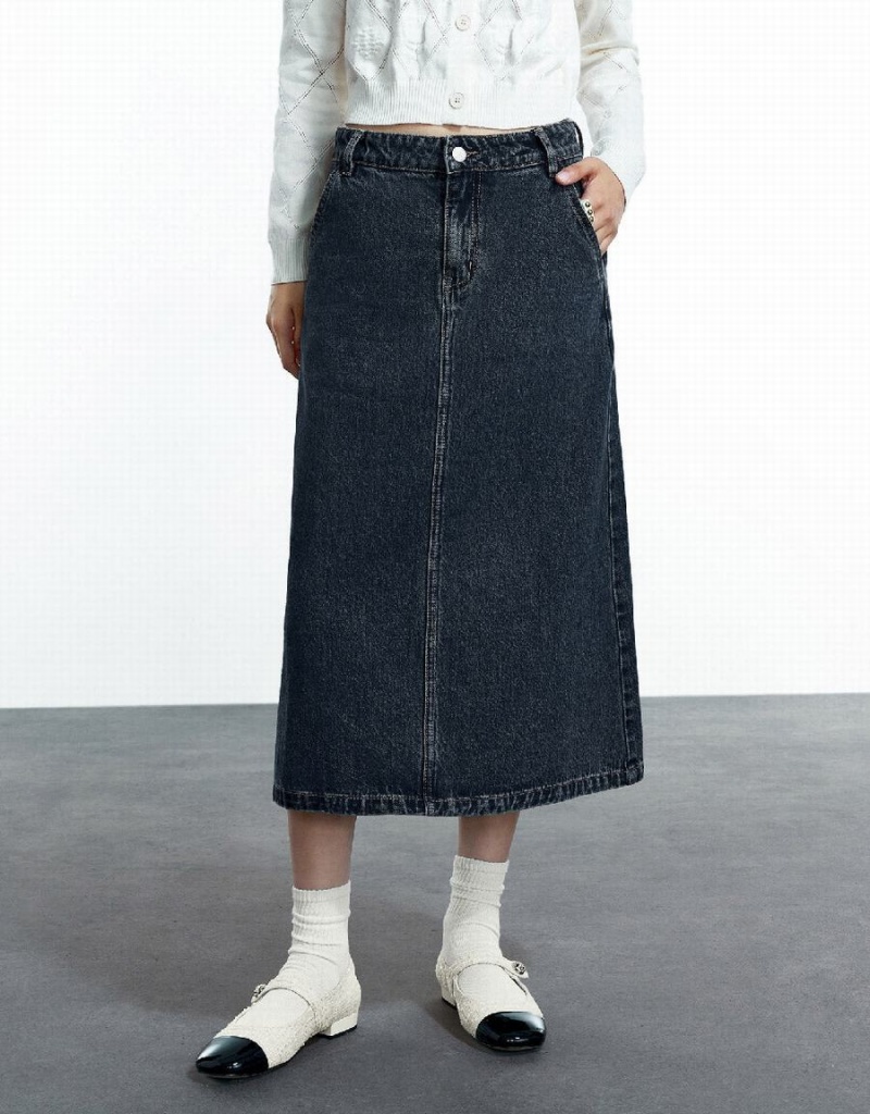 Blue Women's Urban Revivo Midi A-Line Denim Skirts | HWJ8819YC