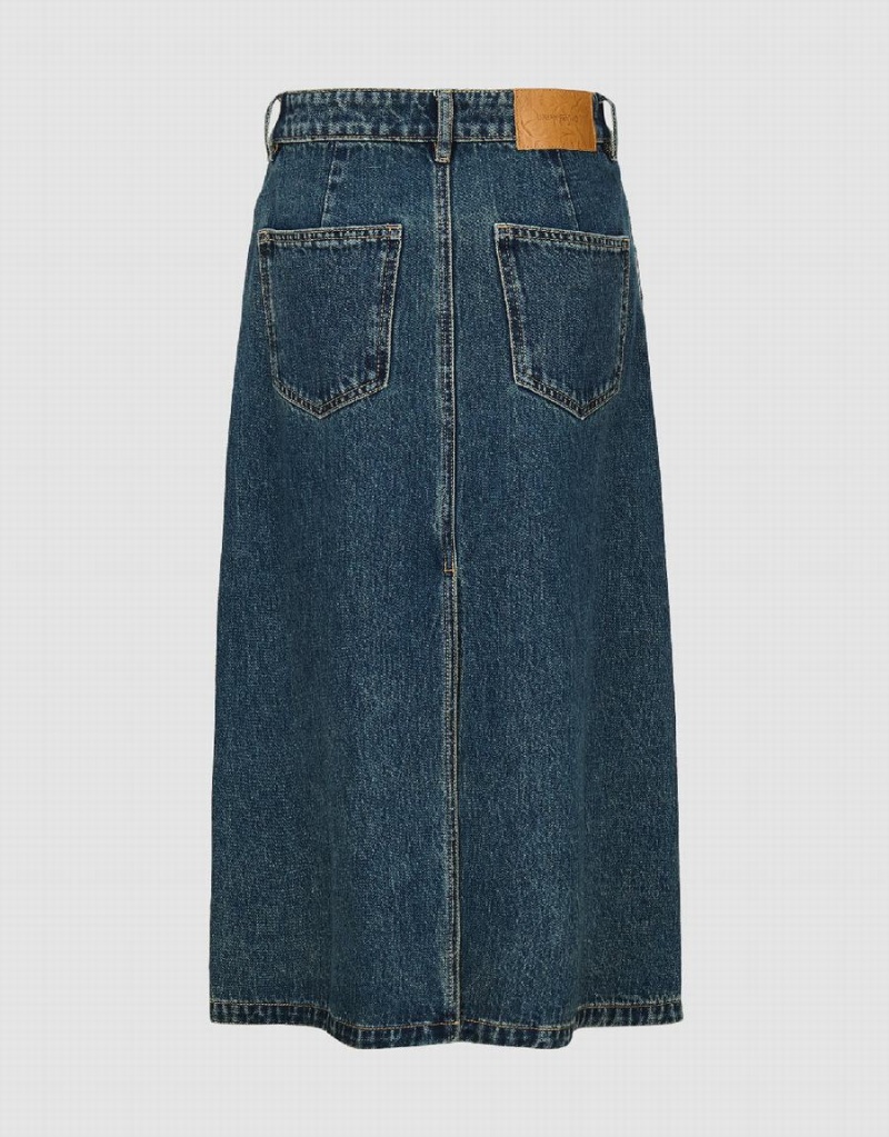 Blue Women's Urban Revivo Midi A-Line Denim Skirts | HWJ8819YC