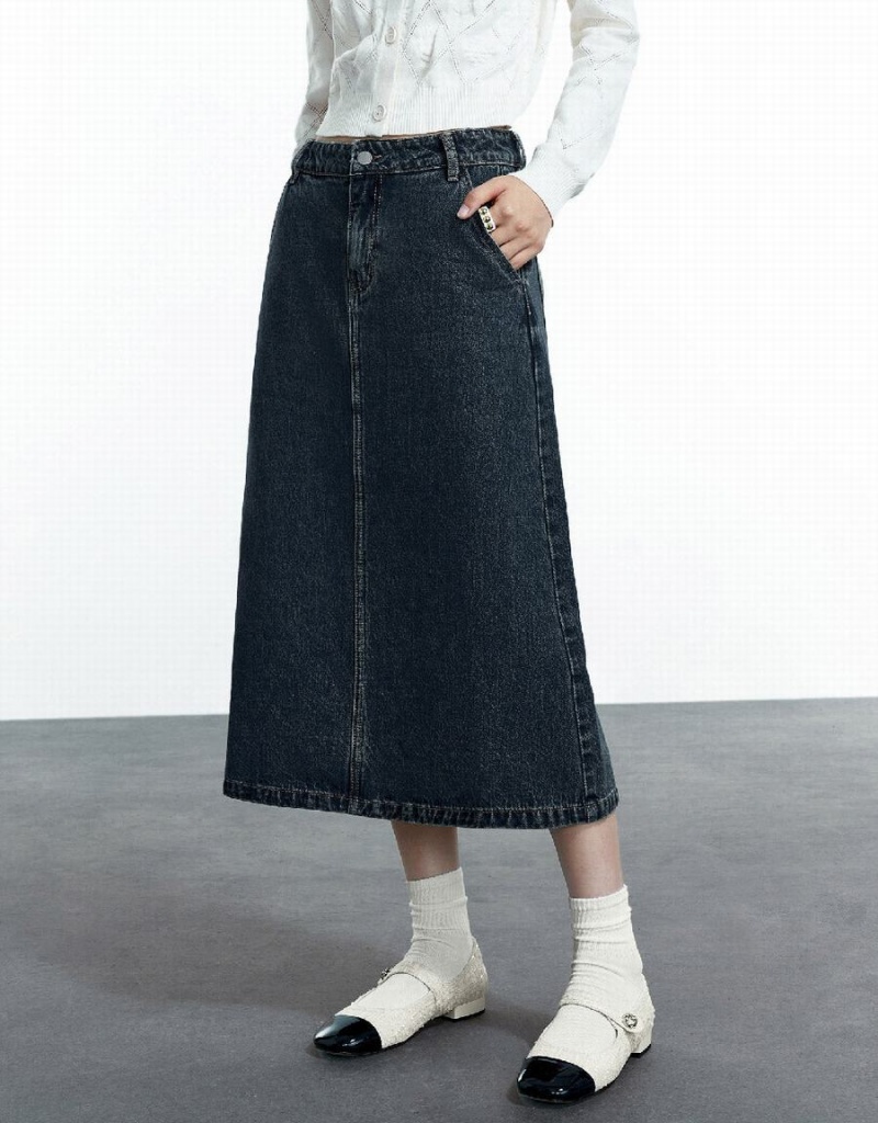 Blue Women's Urban Revivo Midi A-Line Denim Skirts | HWJ8819YC