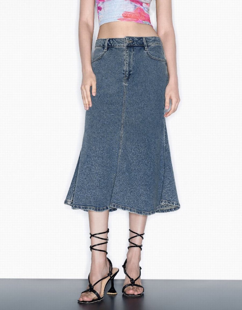 Blue Women's Urban Revivo Midi Fishtail Denim Skirts | DAM3898FA