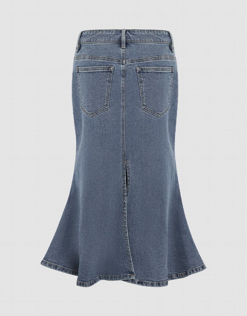 Blue Women's Urban Revivo Midi Fishtail Denim Skirts | DAM3898FA