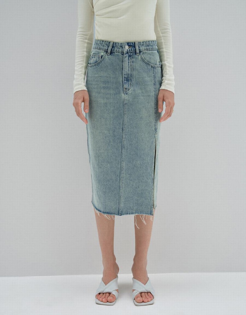 Blue Women's Urban Revivo Midi Straight Denim Skirts | MSK7371ER