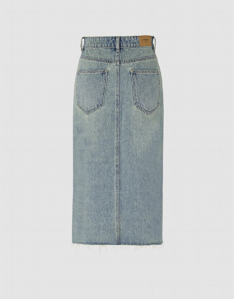 Blue Women's Urban Revivo Midi Straight Denim Skirts | MSK7371ER