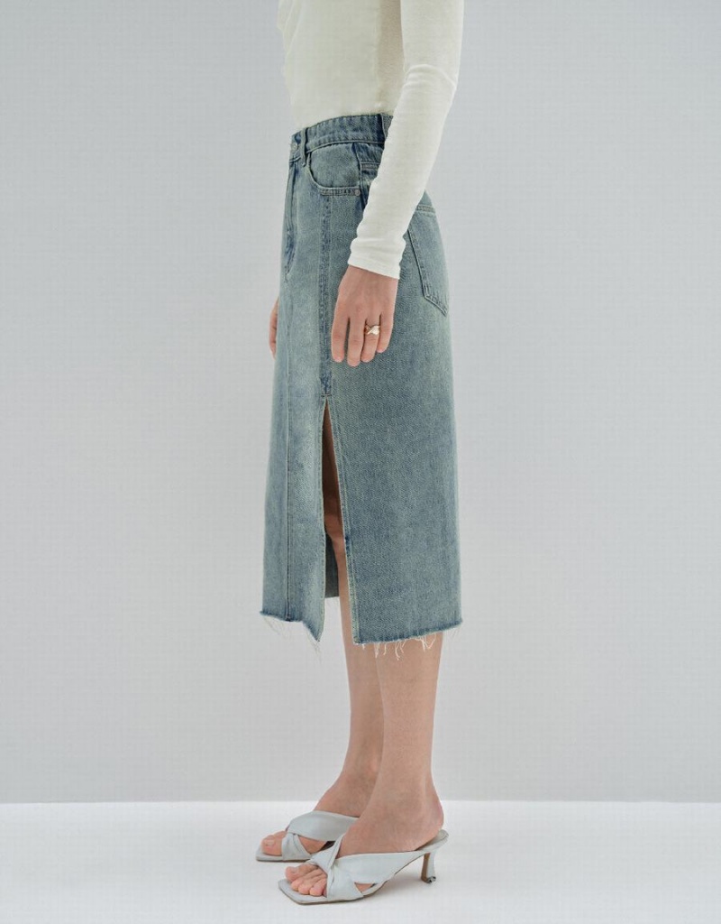 Blue Women's Urban Revivo Midi Straight Denim Skirts | MSK7371ER