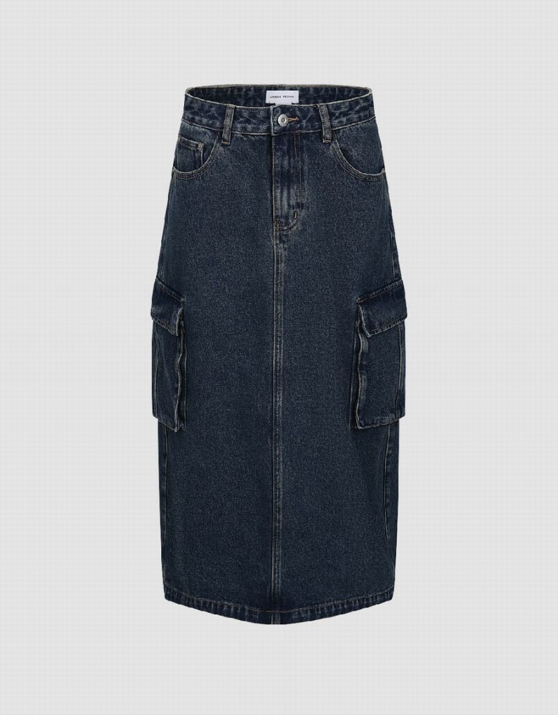 Blue Women's Urban Revivo Midi Straight Denim Skirts | RLA8422UE