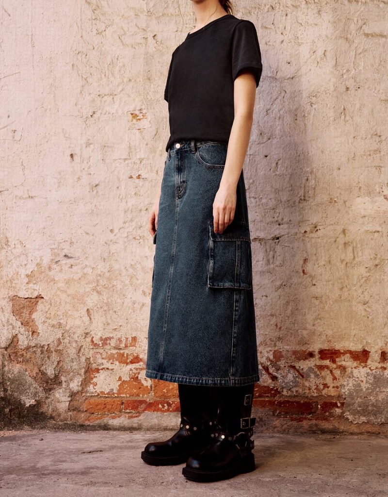 Blue Women's Urban Revivo Midi Straight Denim Skirts | RLA8422UE