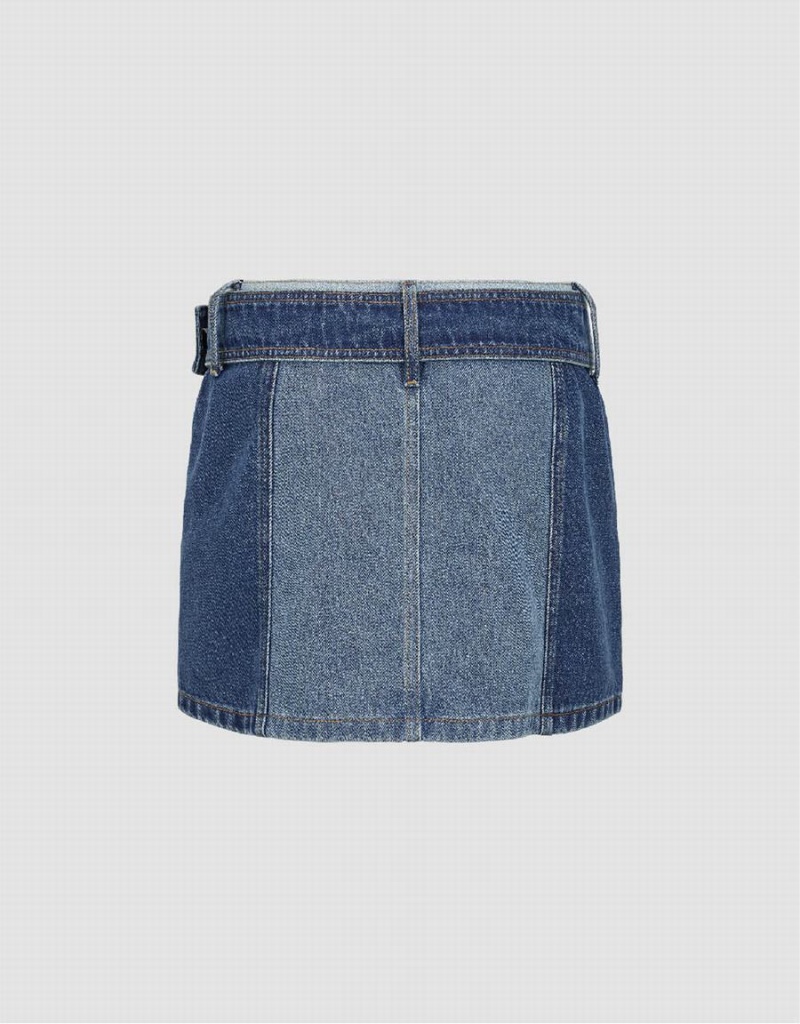 Blue Women's Urban Revivo Mini A-Line Denim With Belt Skirts | YNF6838PS