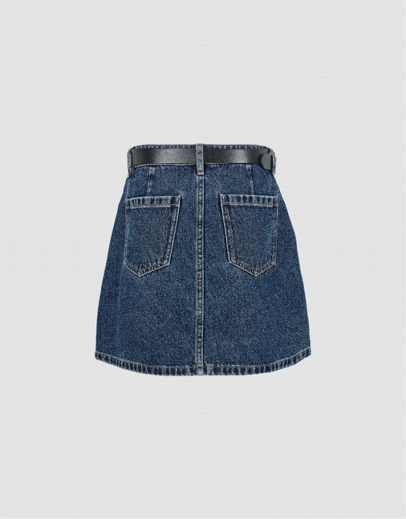 Blue Women's Urban Revivo Mini A-Line Denim With Belt Skirts | ZRM8097OO