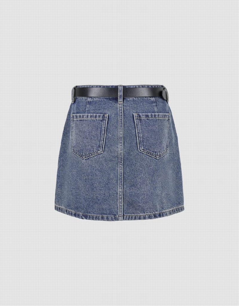 Blue Women's Urban Revivo Mini A-Line Denim With Belt Skirts | LQZ3823OF