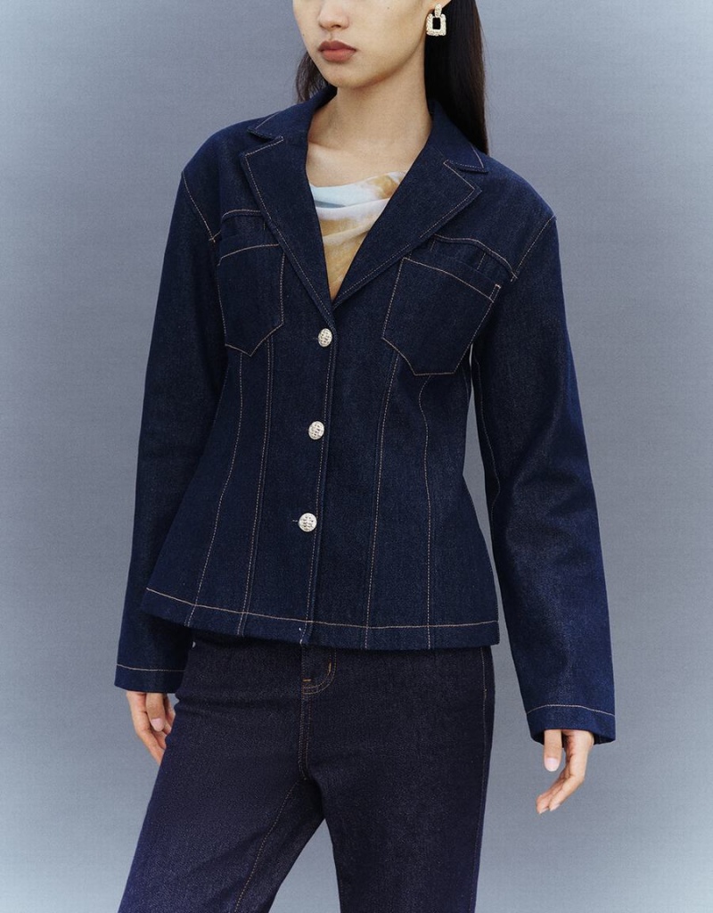 Blue Women's Urban Revivo Notch Lapel Denim Shirts | HCH6490TT