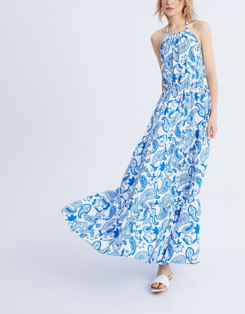 Blue Women's Urban Revivo Paisley Print Halter Maxi Dress | ZEI726PW