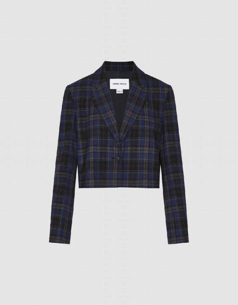 Blue Women's Urban Revivo Plaid Cropped Checkered Blazers | FQN279EF