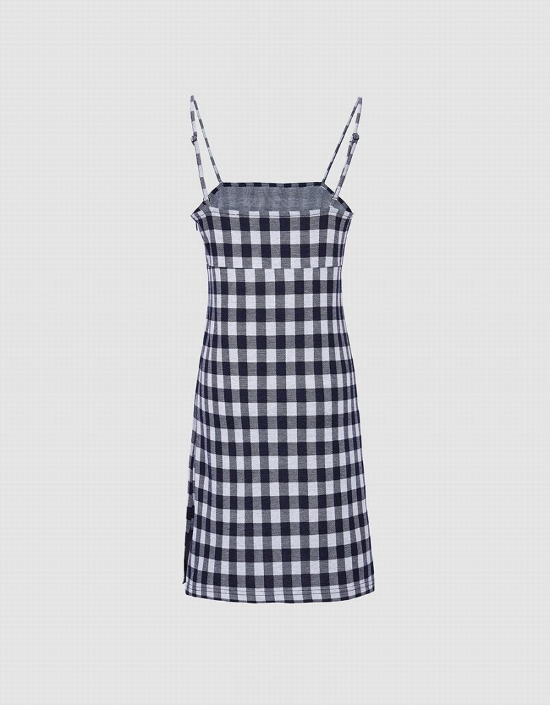 Blue Women's Urban Revivo Plaid Knitted Cami Checkered Dress | SHX9485SR