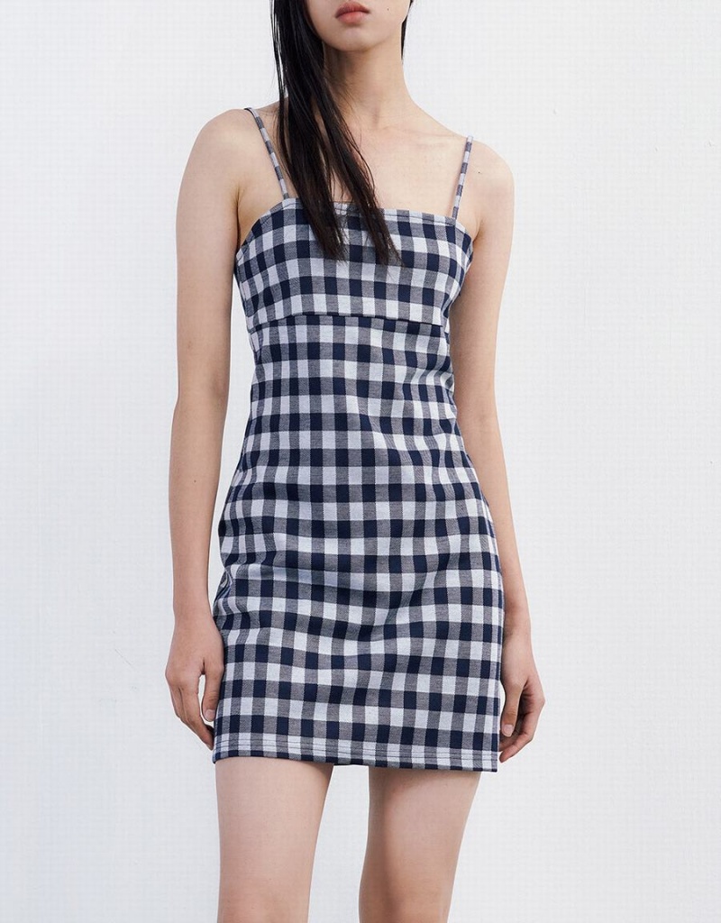 Blue Women's Urban Revivo Plaid Knitted Cami Checkered Dress | SHX9485SR