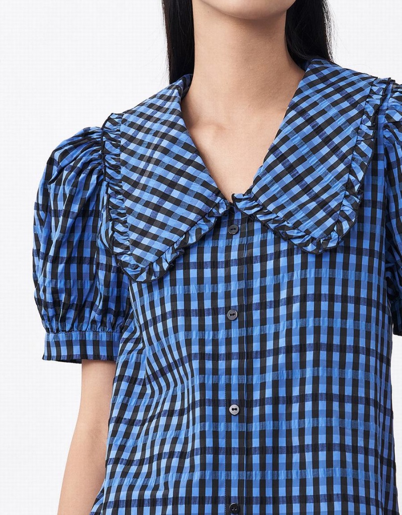 Blue Women's Urban Revivo Plaid Puff Sleeve Ruffle Hem Checkered Dress | WGP6551KZ