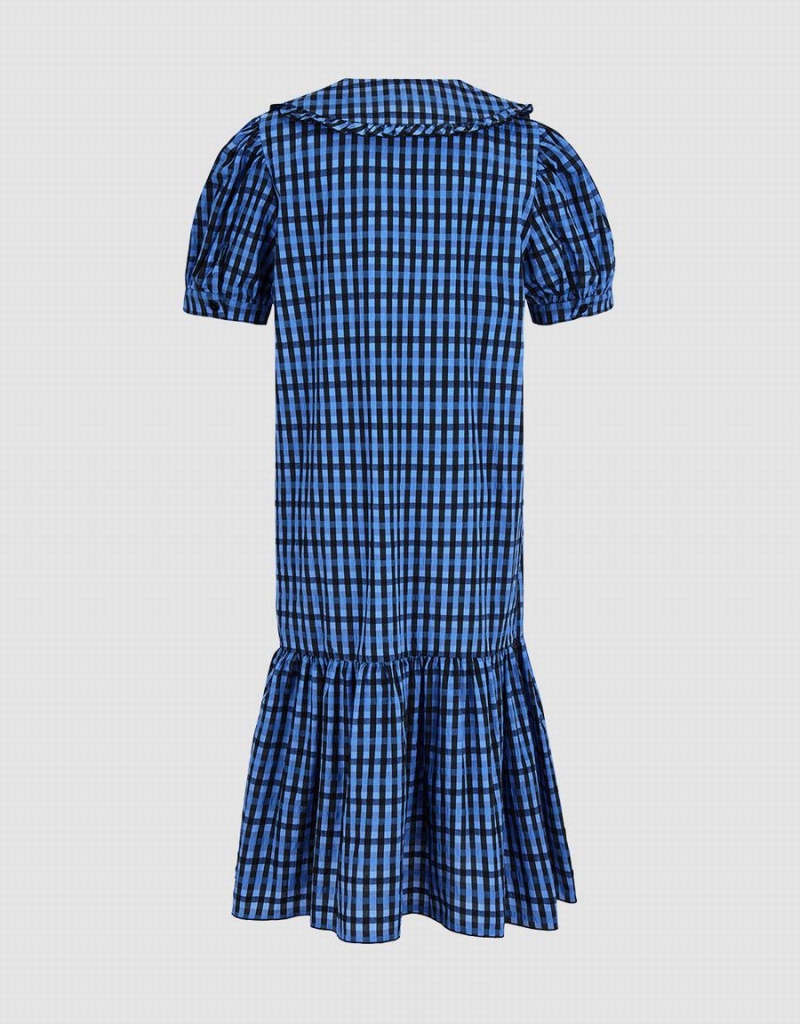 Blue Women's Urban Revivo Plaid Puff Sleeve Ruffle Hem Checkered Dress | WGP6551KZ