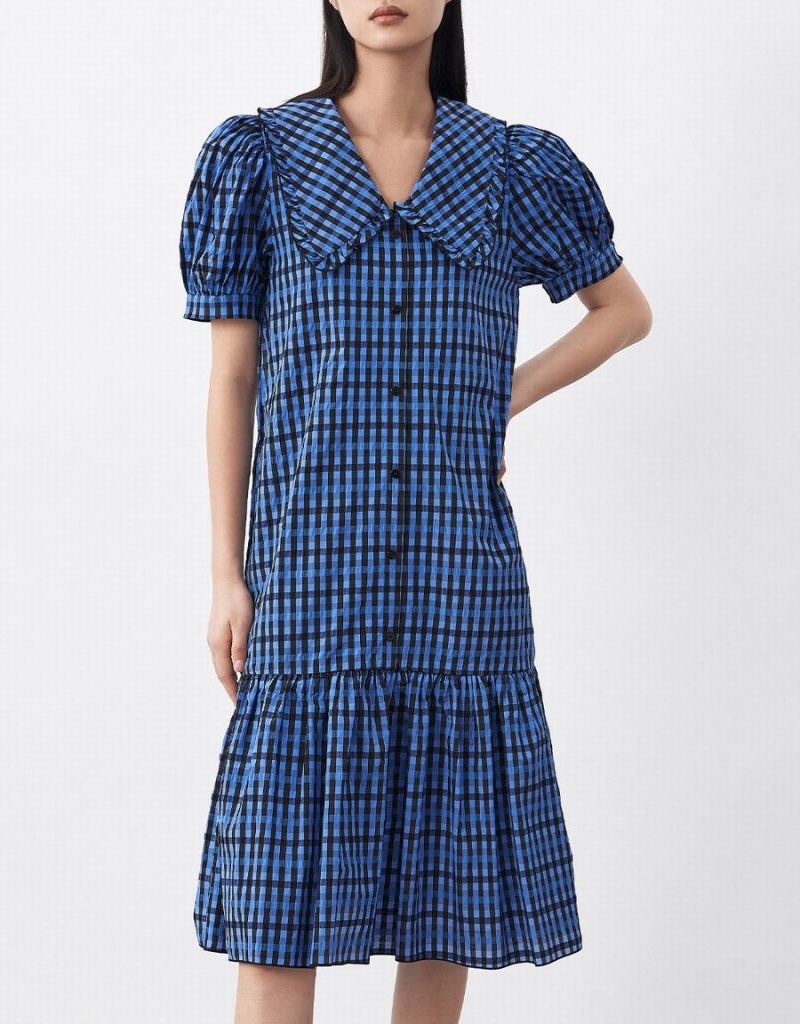 Blue Women's Urban Revivo Plaid Puff Sleeve Ruffle Hem Checkered Dress | WGP6551KZ