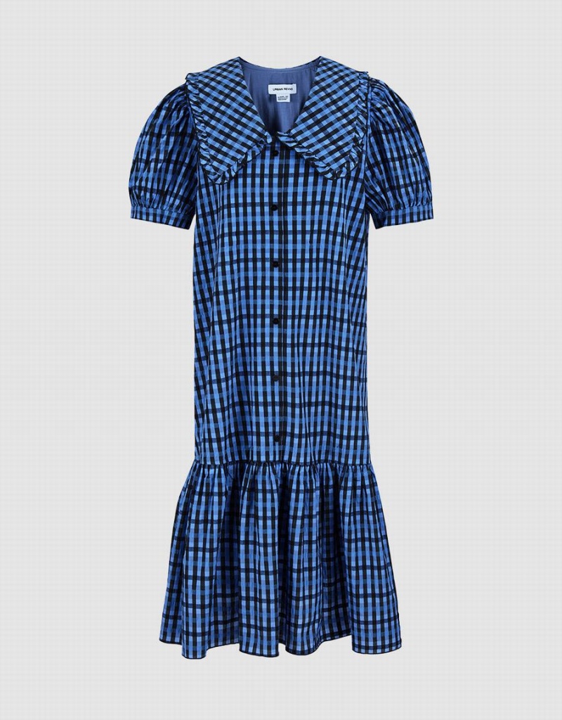 Blue Women\'s Urban Revivo Plaid Puff Sleeve Ruffle Hem Checkered Dress | WGP6551KZ