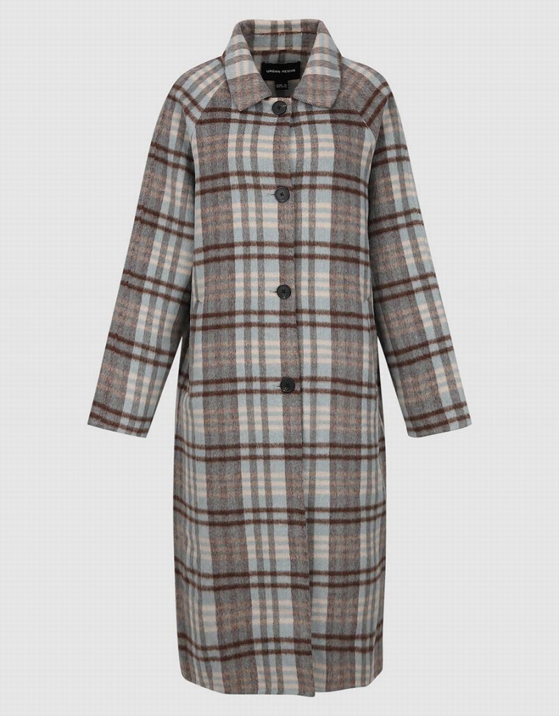 Blue Women's Urban Revivo Plaid Straight Checkered Coats | VHV2324MK