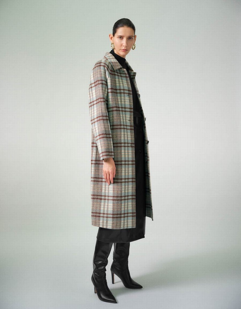 Blue Women's Urban Revivo Plaid Straight Checkered Coats | VHV2324MK