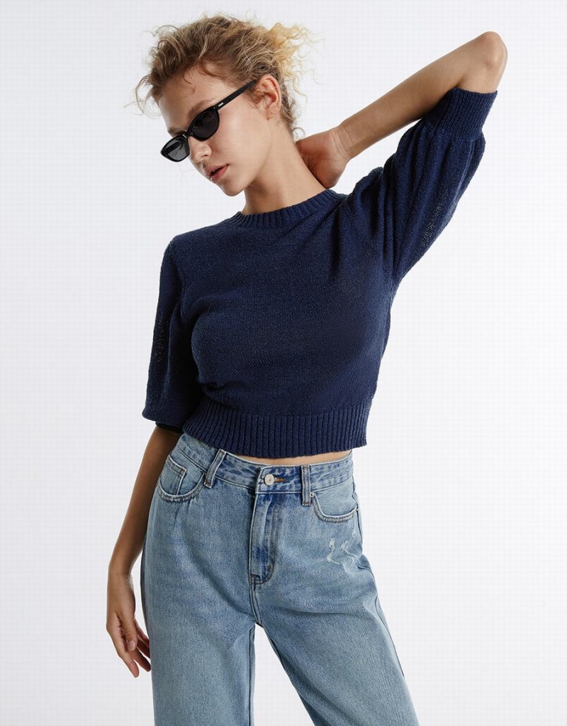 Blue Women's Urban Revivo Plain Cropped Sweaters | UJZ5811JY