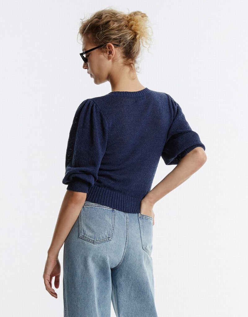 Blue Women's Urban Revivo Plain Cropped Sweaters | UJZ5811JY